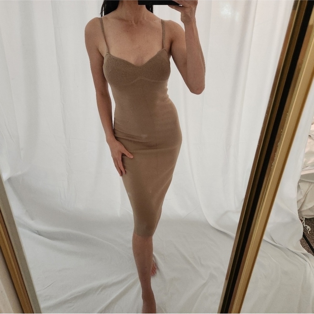Aritzia Tan Ribbed Midi Bodycon Dress